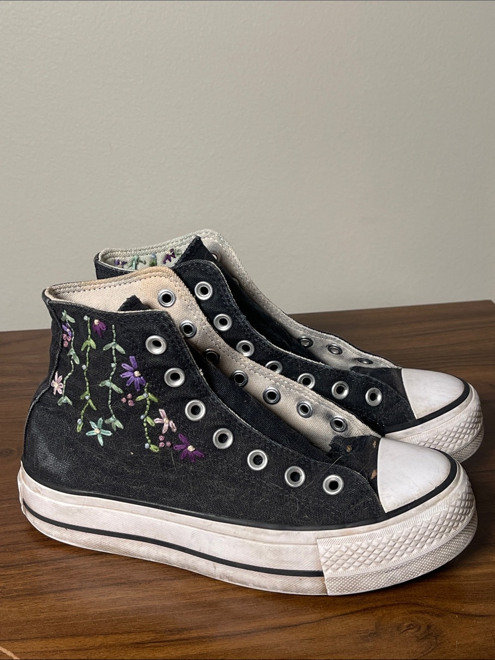 Converse Black High-Top Sneakers with Multicolor Floral Embroidery